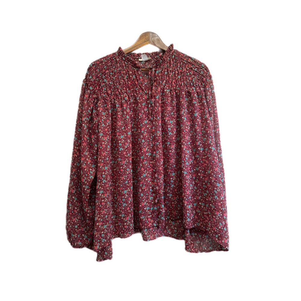 Canyon River Blues Peasant Blouse Women L Burgundy Floral Excellent Smocked Boho